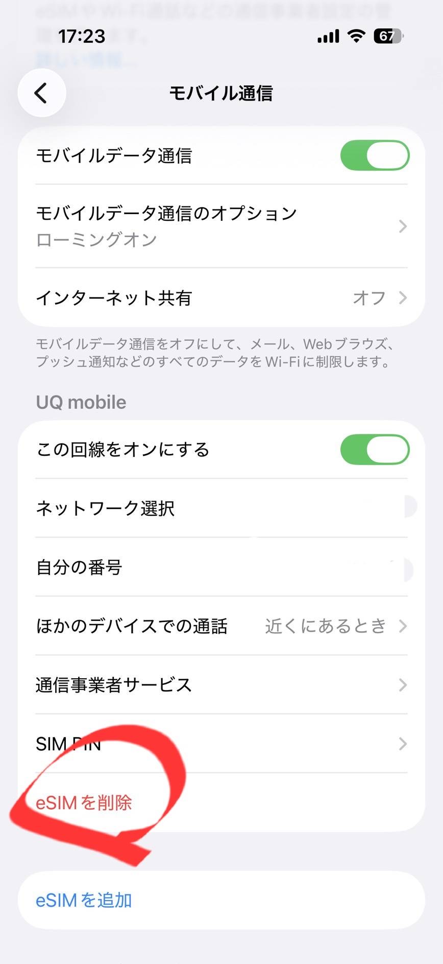iPhoneのeSIM削除画面