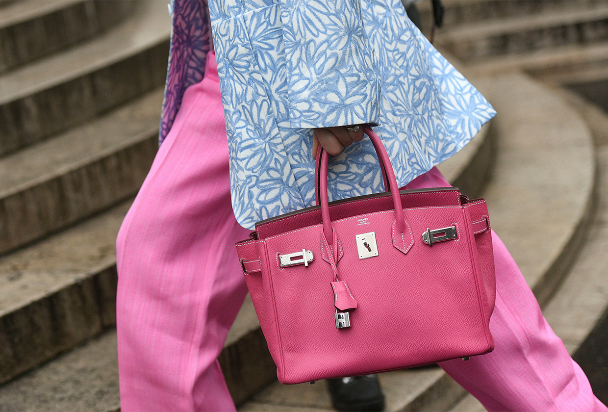 Paris, France – March 2, 2020: Pink leather Hermes handbag - streetstylefw20